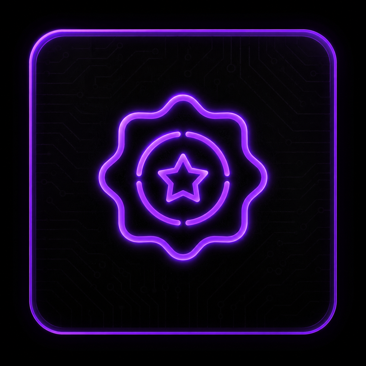 Glowing purple neon badge with star icon