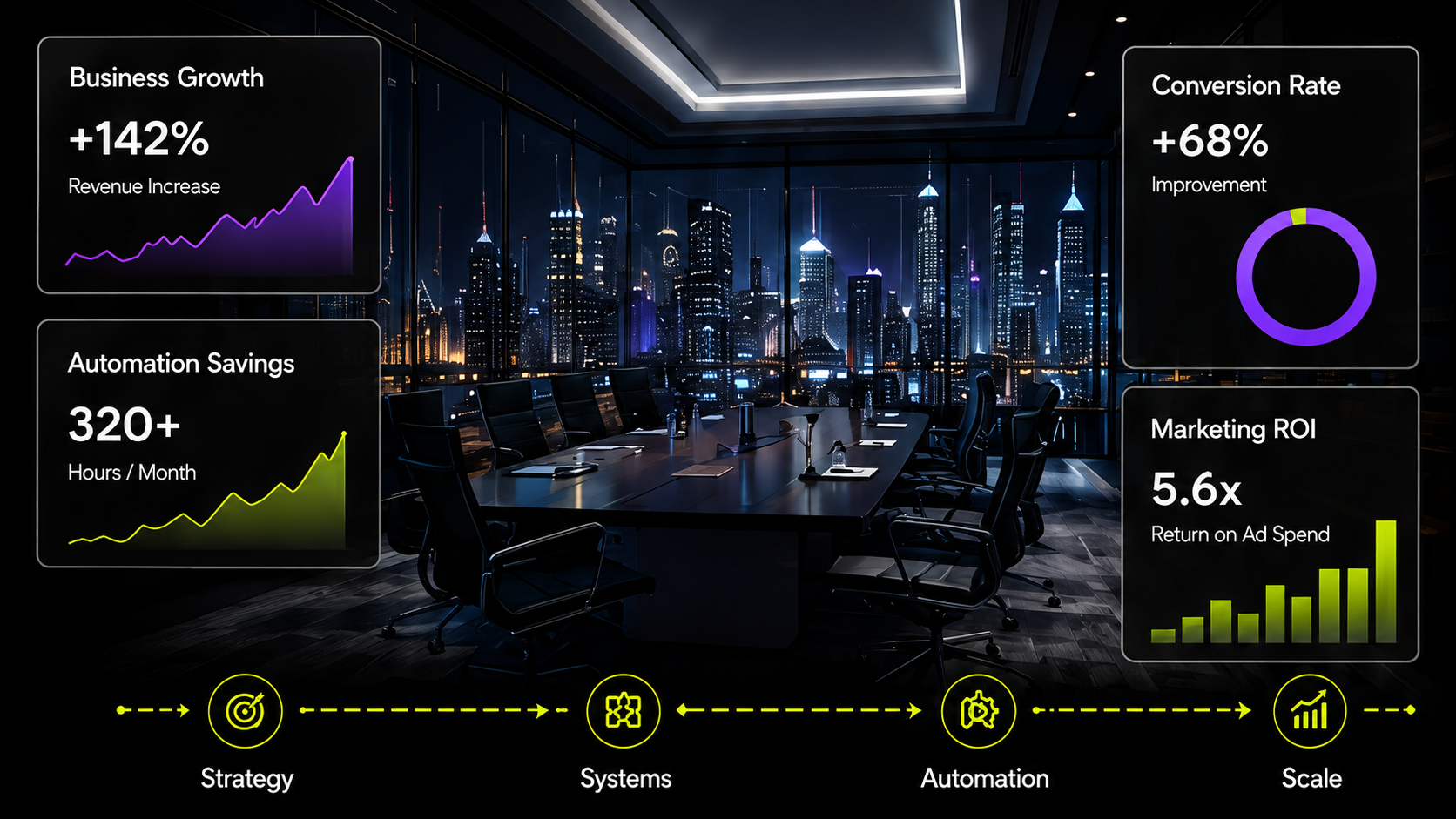 Modern boardroom with business growth analytics dashboard overlay