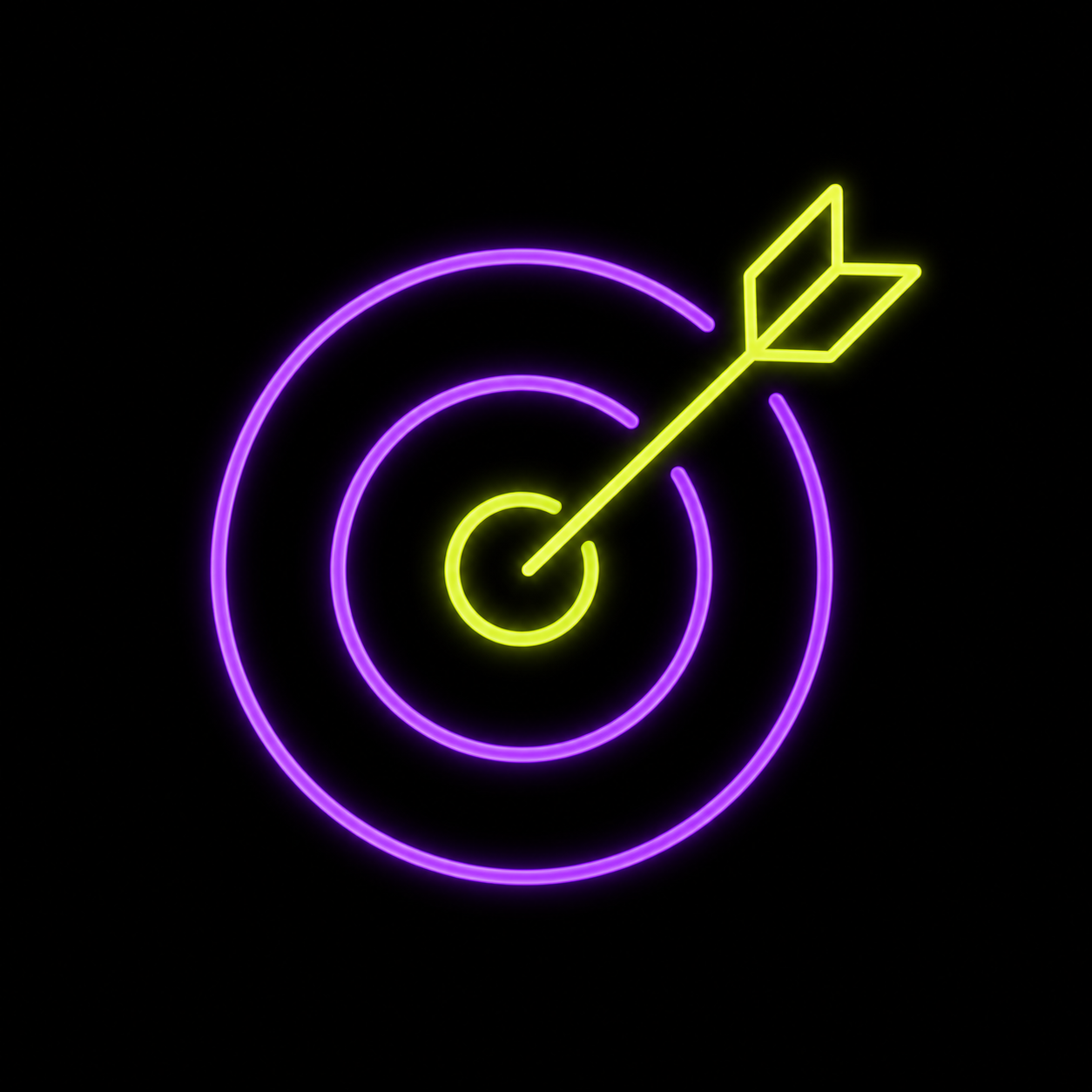 Neon arrow hitting bullseye target on black background