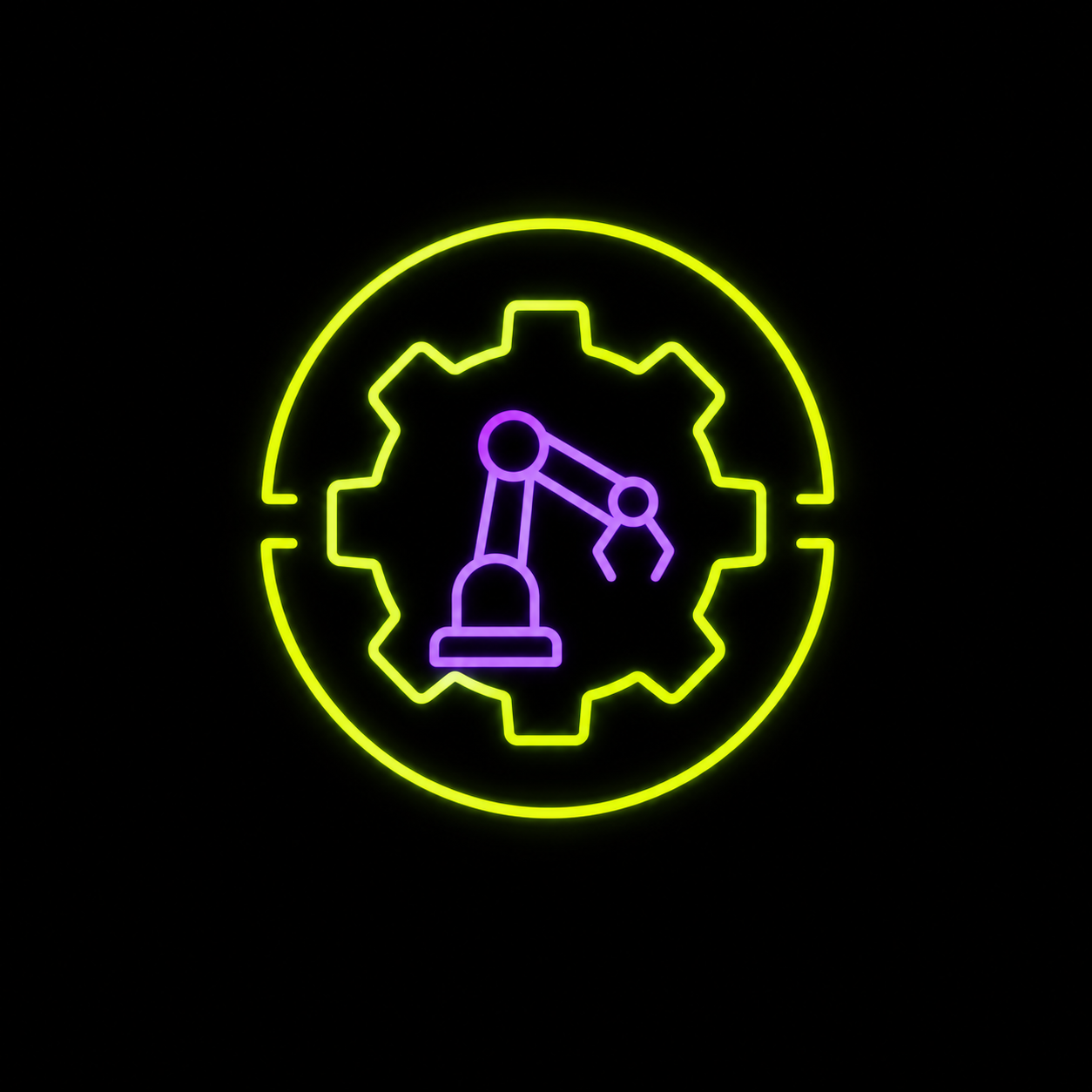 Neon robotic arm inside glowing gear outline