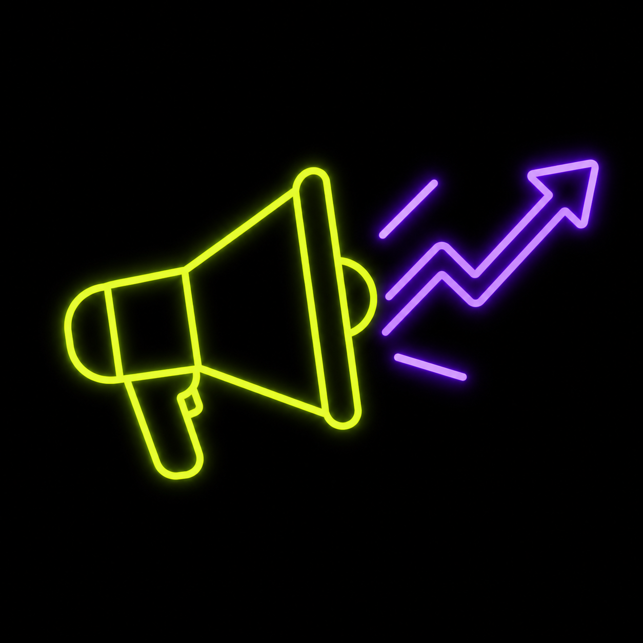 Neon megaphone with upward arrow on black background