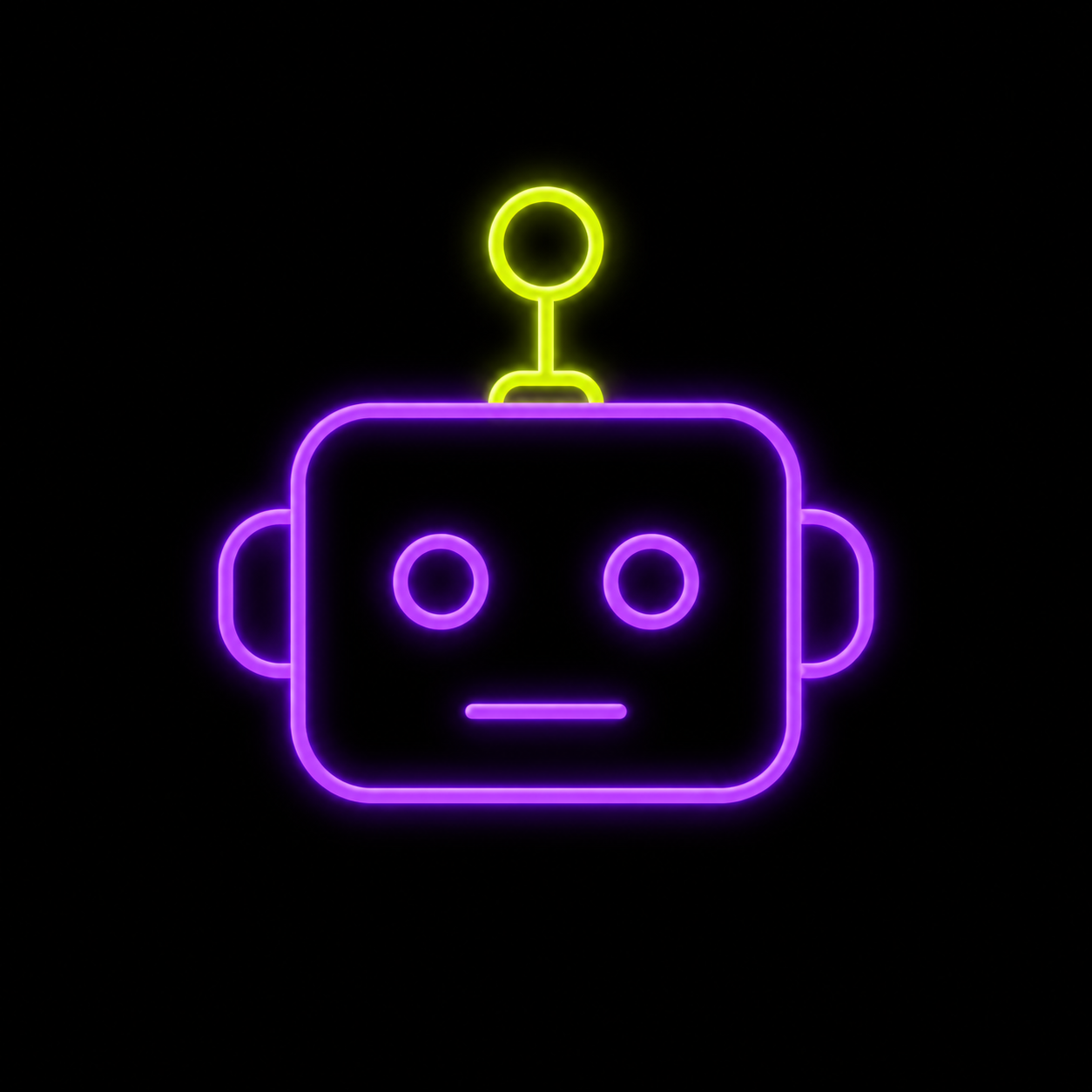 Neon robot face icon on black background