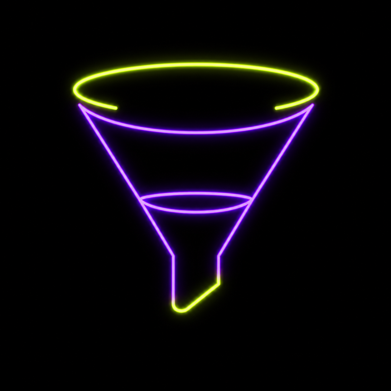 Neon funnel icon glowing on black background